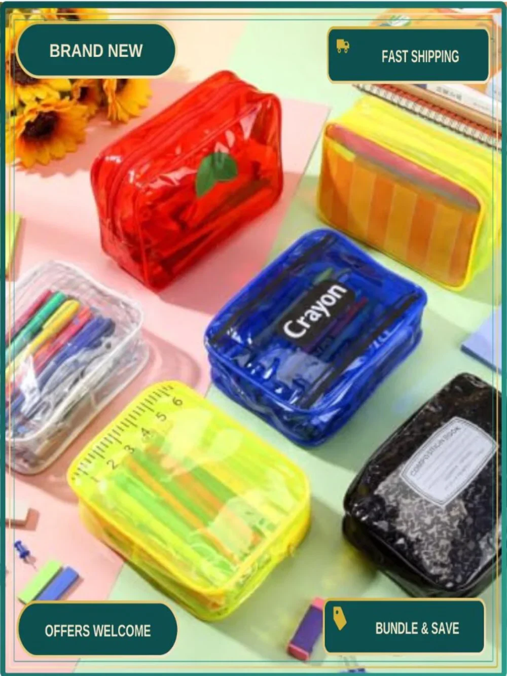 12 Pack Clear PVC Pencil Pouches Waterproof Transparent Zipper Bags for School